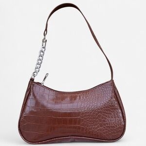 Faux Crocodile Skin Brown Mini Shoulder Bag with Silver Chain